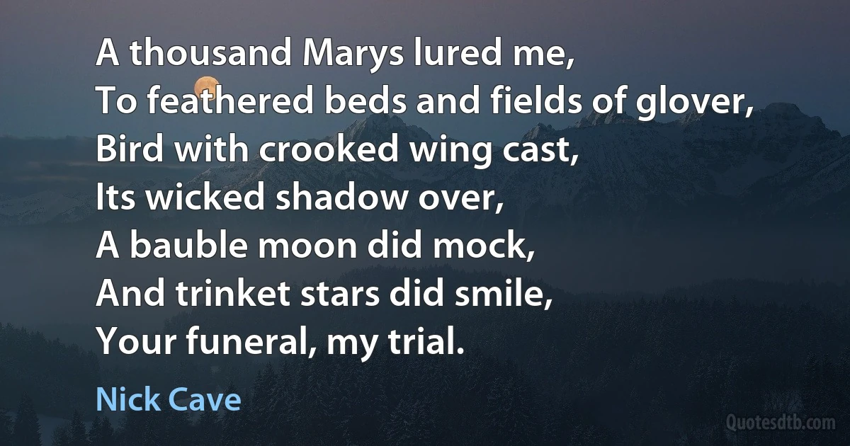 A thousand Marys lured me,
To feathered beds and fields of glover,
Bird with crooked wing cast,
Its wicked shadow over,
A bauble moon did mock,
And trinket stars did smile,
Your funeral, my trial. (Nick Cave)