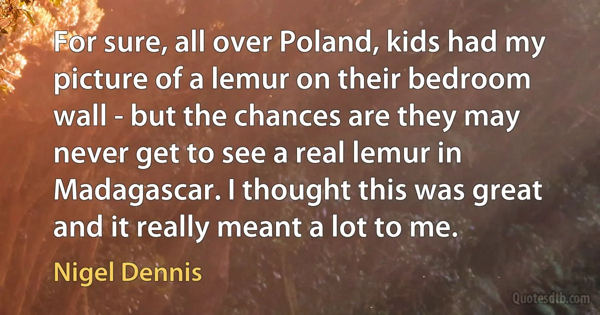 For sure, all over Poland, kids had my picture of a lemur on their bedroom wall - but the chances are they may never get to see a real lemur in Madagascar. I thought this was great and it really meant a lot to me. (Nigel Dennis)