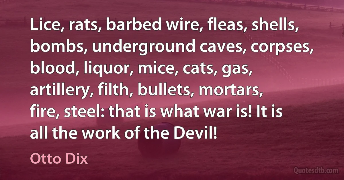 Lice, rats, barbed wire, fleas, shells, bombs, underground caves, corpses, blood, liquor, mice, cats, gas, artillery, filth, bullets, mortars, fire, steel: that is what war is! It is all the work of the Devil! (Otto Dix)