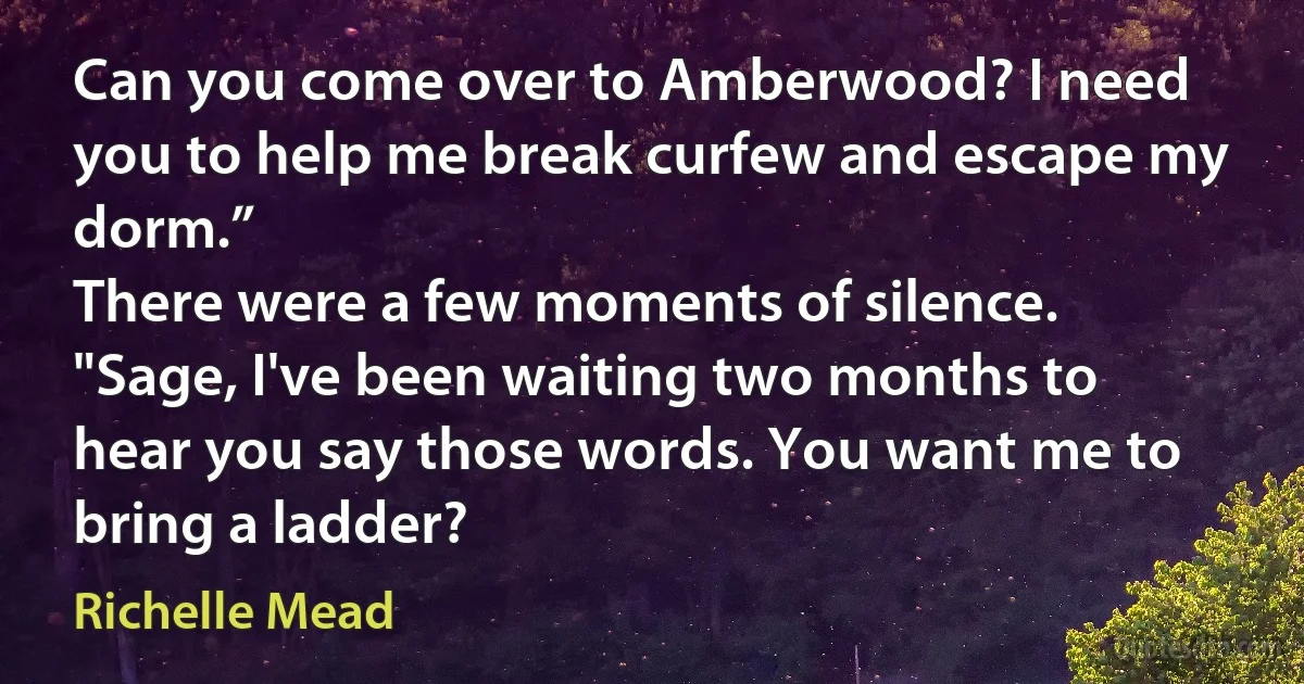 Can you come over to Amberwood? I need you to help me break curfew and escape my dorm.”
There were a few moments of silence. "Sage, I've been waiting two months to hear you say those words. You want me to bring a ladder? (Richelle Mead)