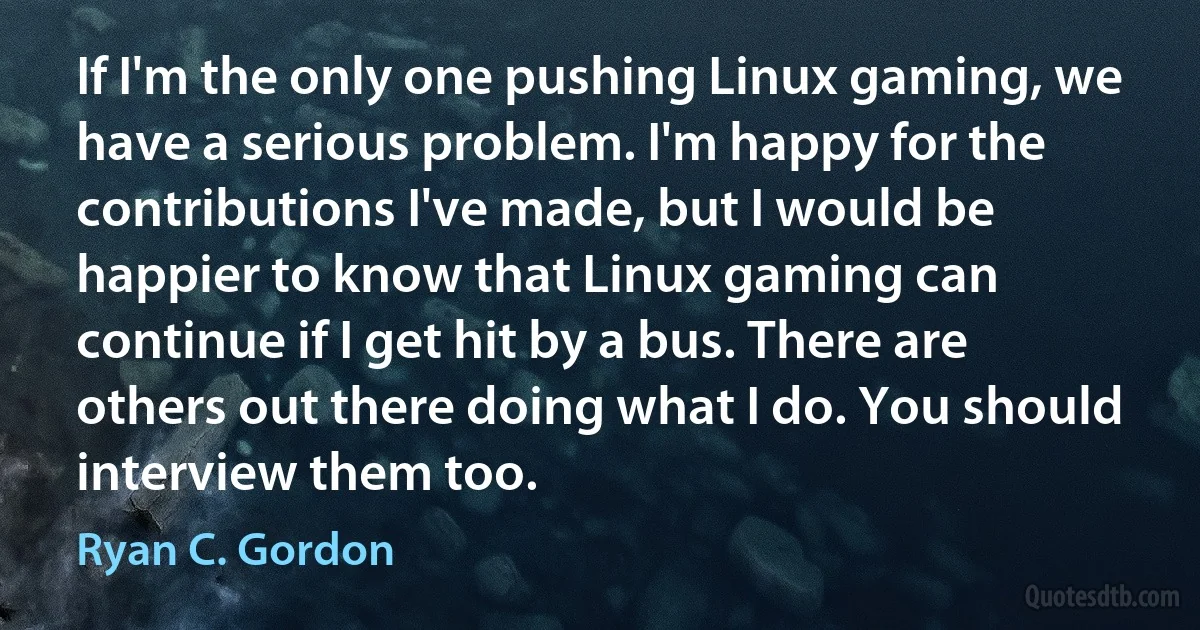 If I'm the only one pushing Linux gaming, we have a serious problem. I'm happy for the contributions I've made, but I would be happier to know that Linux gaming can continue if I get hit by a bus. There are others out there doing what I do. You should interview them too. (Ryan C. Gordon)