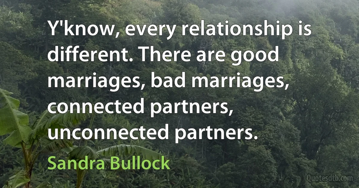 Y'know, every relationship is different. There are good marriages, bad marriages, connected partners, unconnected partners. (Sandra Bullock)