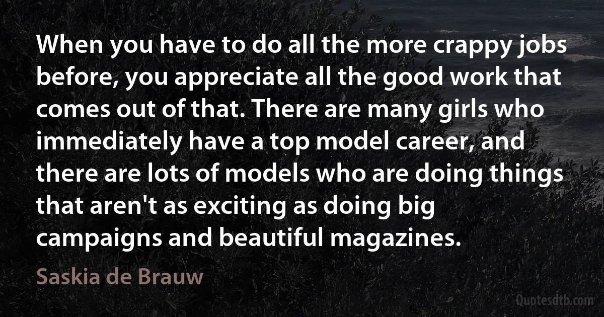 When you have to do all the more crappy jobs before, you appreciate all the good work that comes out of that. There are many girls who immediately have a top model career, and there are lots of models who are doing things that aren't as exciting as doing big campaigns and beautiful magazines. (Saskia de Brauw)