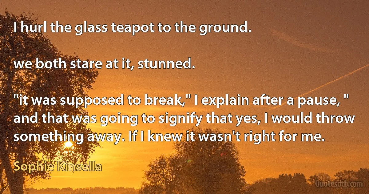 I hurl the glass teapot to the ground.

we both stare at it, stunned.

"it was supposed to break," I explain after a pause, " and that was going to signify that yes, I would throw something away. If I knew it wasn't right for me. (Sophie Kinsella)