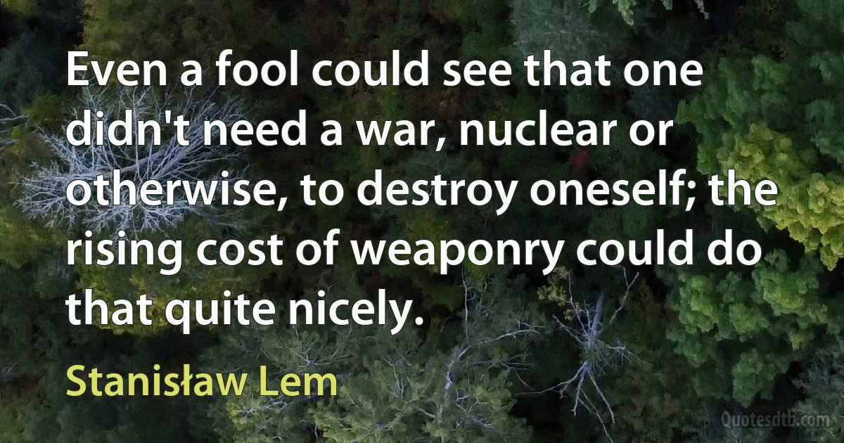 Even a fool could see that one didn't need a war, nuclear or otherwise, to destroy oneself; the rising cost of weaponry could do that quite nicely. (Stanisław Lem)