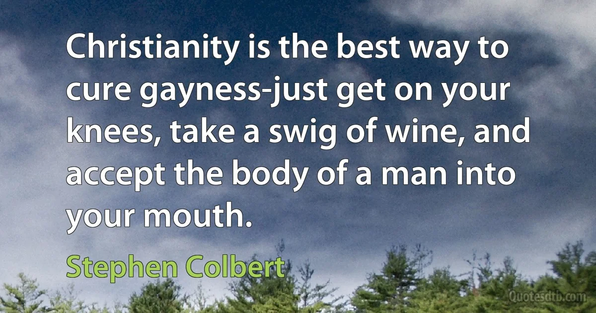 Christianity is the best way to cure gayness-just get on your knees, take a swig of wine, and accept the body of a man into your mouth. (Stephen Colbert)