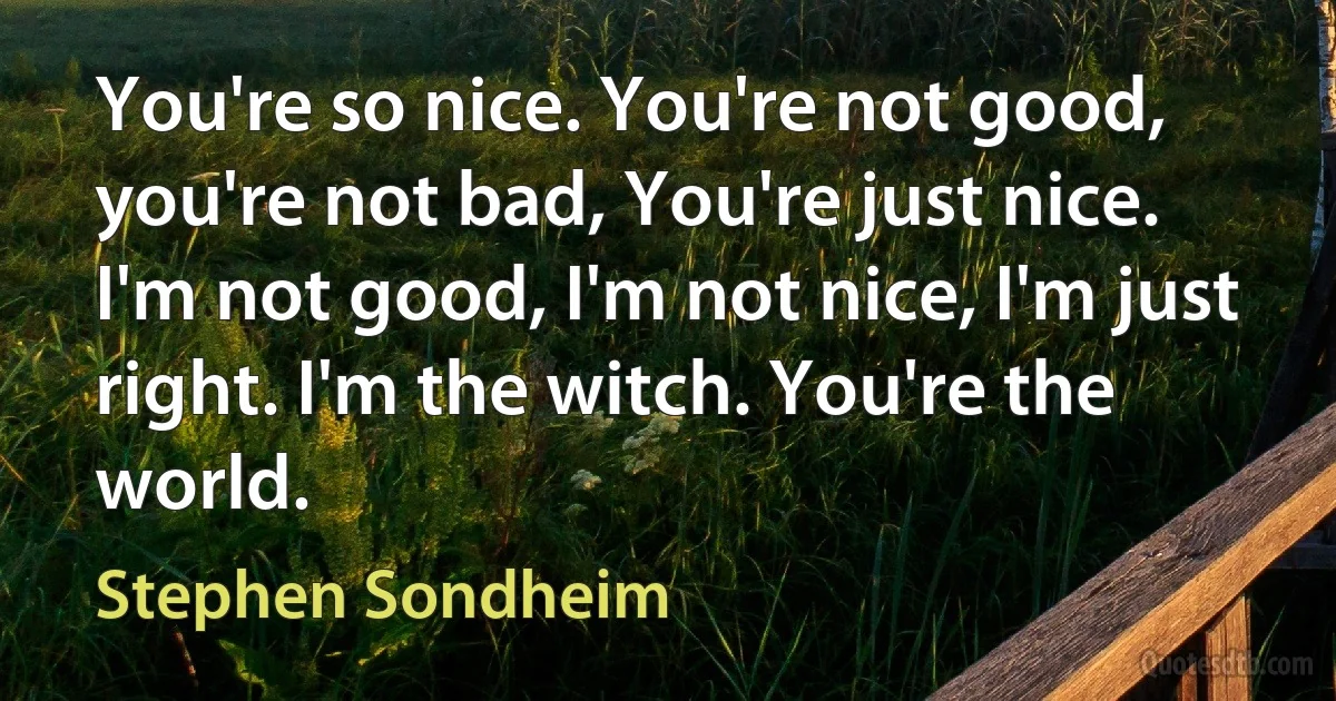 You're so nice. You're not good, you're not bad, You're just nice. I'm not good, I'm not nice, I'm just right. I'm the witch. You're the world. (Stephen Sondheim)