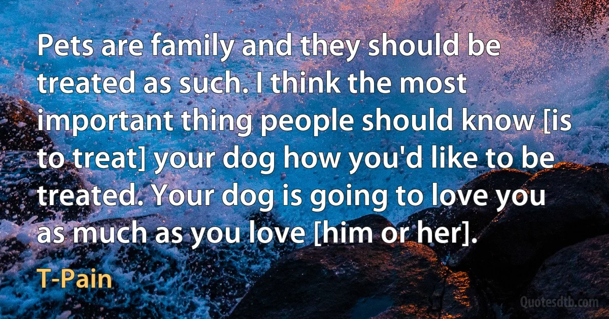 Pets are family and they should be treated as such. I think the most important thing people should know [is to treat] your dog how you'd like to be treated. Your dog is going to love you as much as you love [him or her]. (T-Pain)