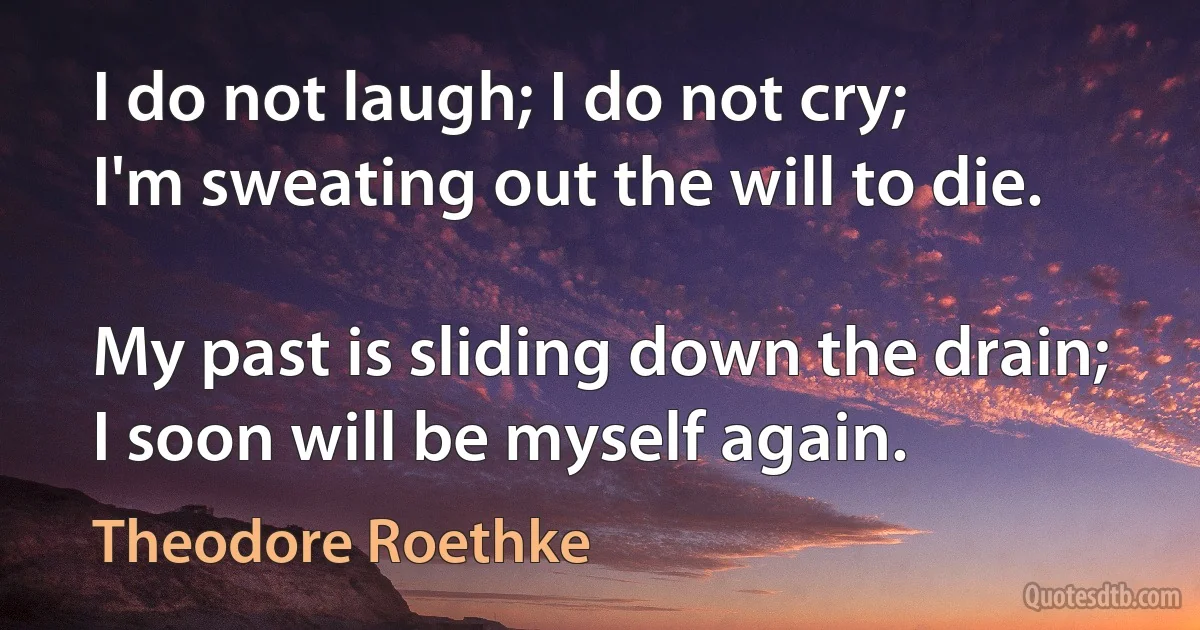 I do not laugh; I do not cry;
I'm sweating out the will to die.

My past is sliding down the drain;
I soon will be myself again. (Theodore Roethke)