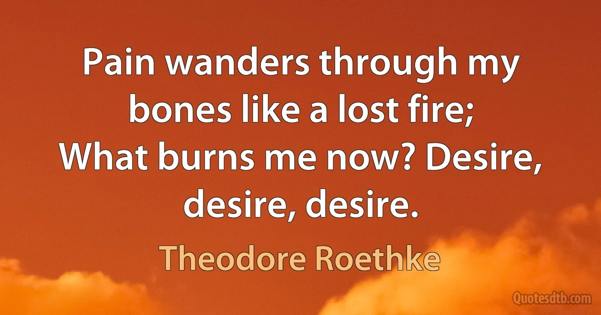 Pain wanders through my bones like a lost fire;
What burns me now? Desire, desire, desire. (Theodore Roethke)