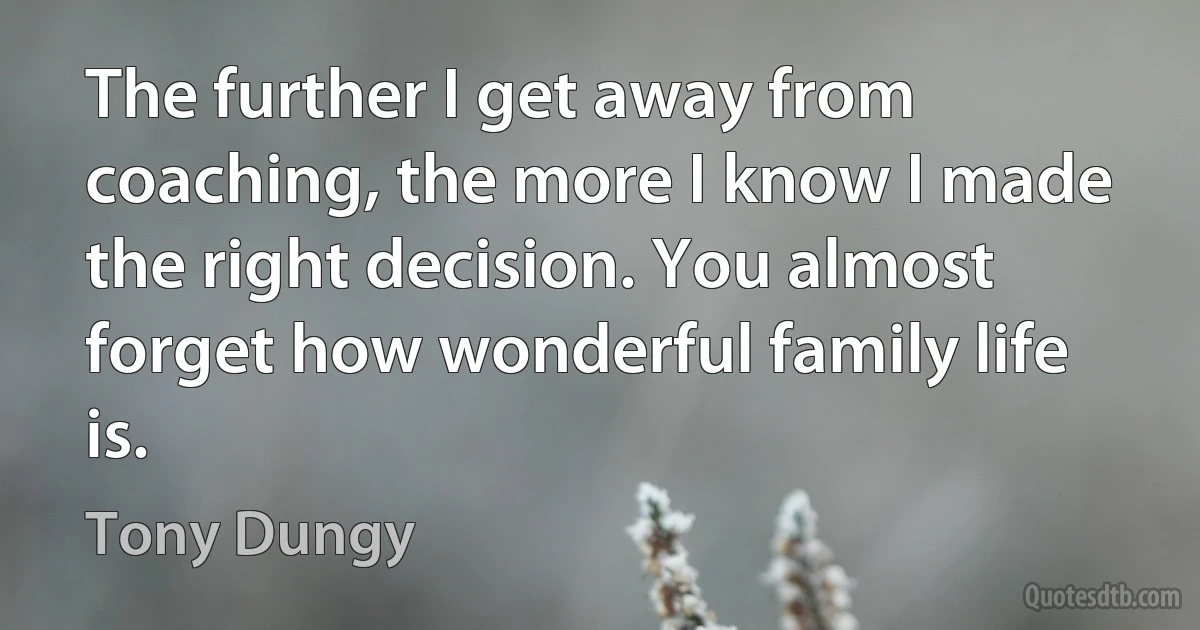 The further I get away from coaching, the more I know I made the right decision. You almost forget how wonderful family life is. (Tony Dungy)