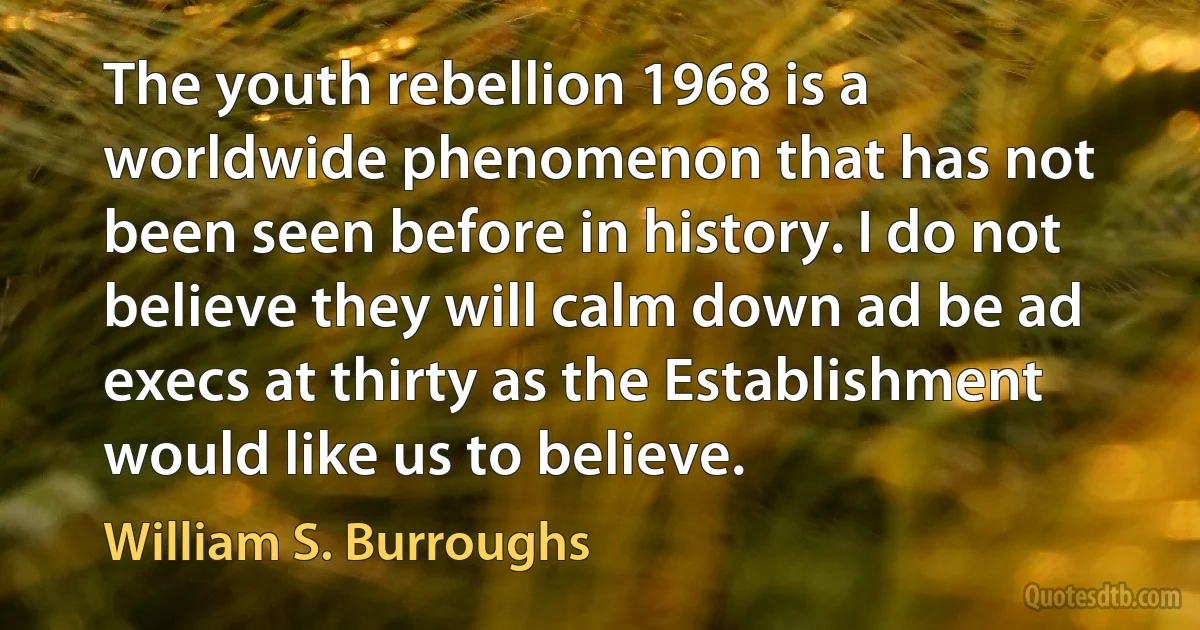 The youth rebellion 1968 is a worldwide phenomenon that has not been seen before in history. I do not believe they will calm down ad be ad execs at thirty as the Establishment would like us to believe. (William S. Burroughs)