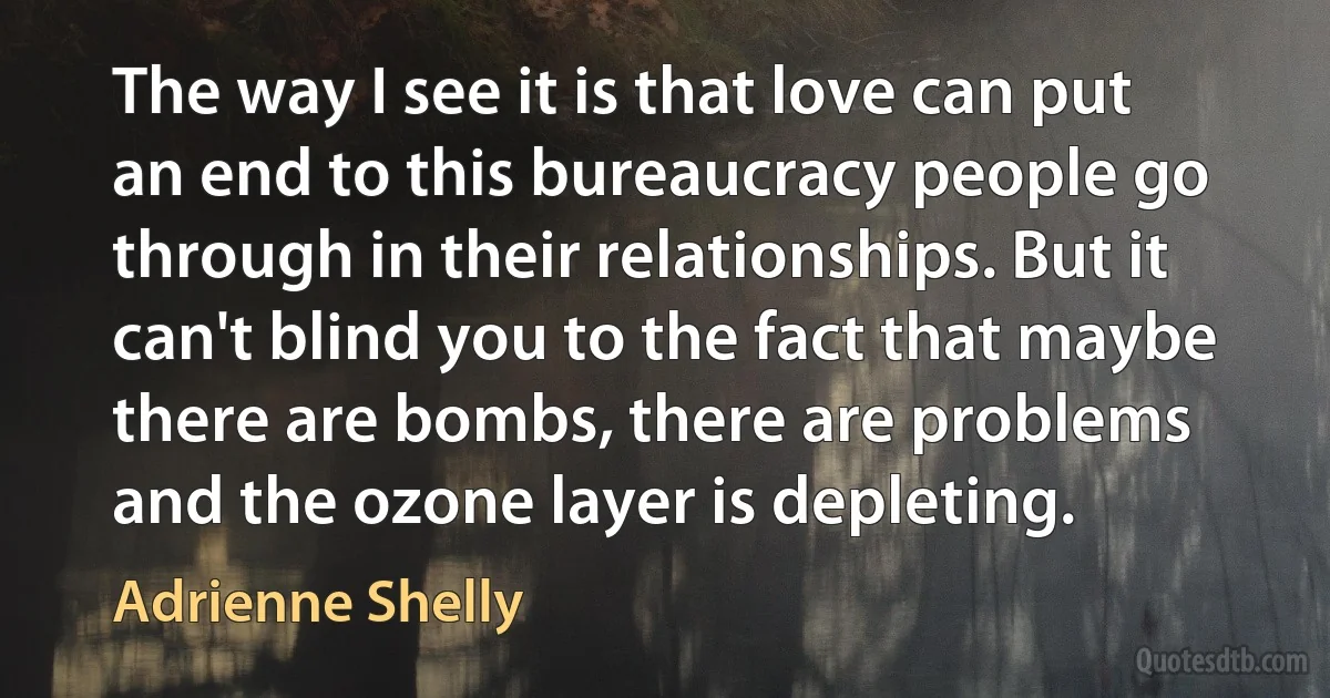 The way I see it is that love can put an end to this bureaucracy people go through in their relationships. But it can't blind you to the fact that maybe there are bombs, there are problems and the ozone layer is depleting. (Adrienne Shelly)