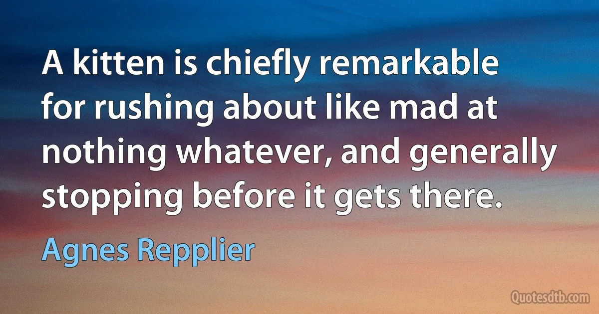 A kitten is chiefly remarkable for rushing about like mad at nothing whatever, and generally stopping before it gets there. (Agnes Repplier)