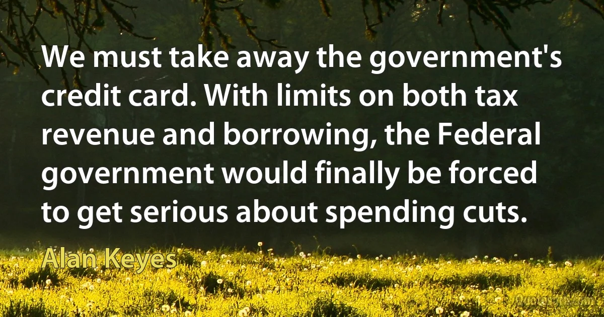 We must take away the government's credit card. With limits on both tax revenue and borrowing, the Federal government would finally be forced to get serious about spending cuts. (Alan Keyes)