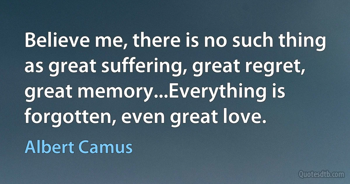 Believe me, there is no such thing as great suffering, great regret, great memory...Everything is forgotten, even great love. (Albert Camus)