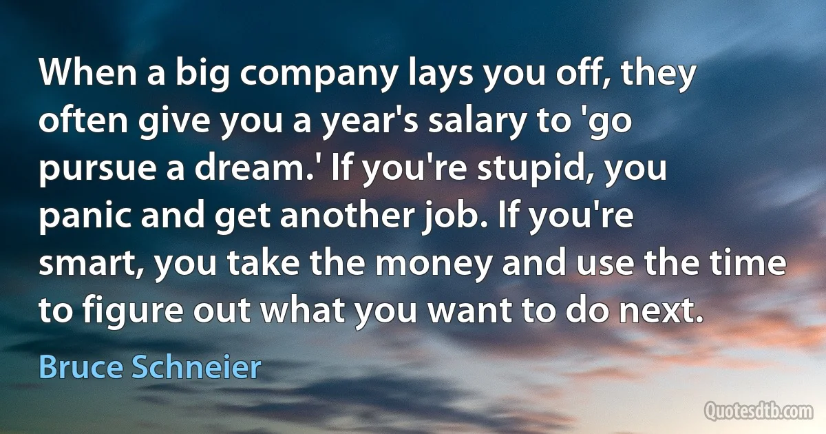 When a big company lays you off, they often give you a year's salary to 'go pursue a dream.' If you're stupid, you panic and get another job. If you're smart, you take the money and use the time to figure out what you want to do next. (Bruce Schneier)