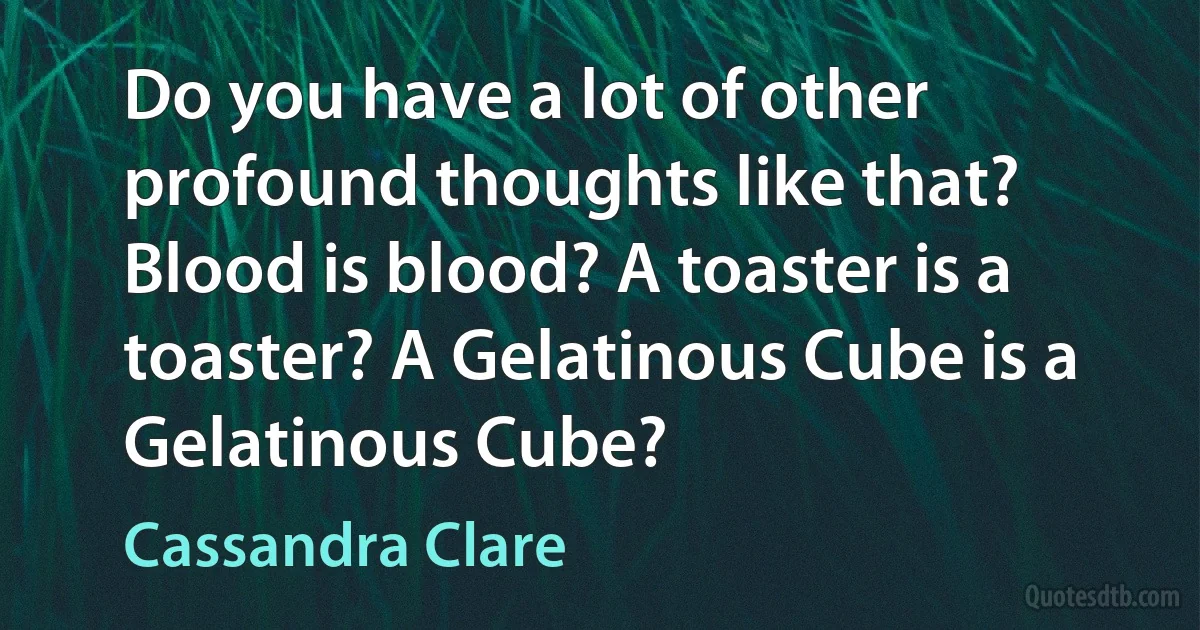 Do you have a lot of other profound thoughts like that? Blood is blood? A toaster is a toaster? A Gelatinous Cube is a Gelatinous Cube? (Cassandra Clare)