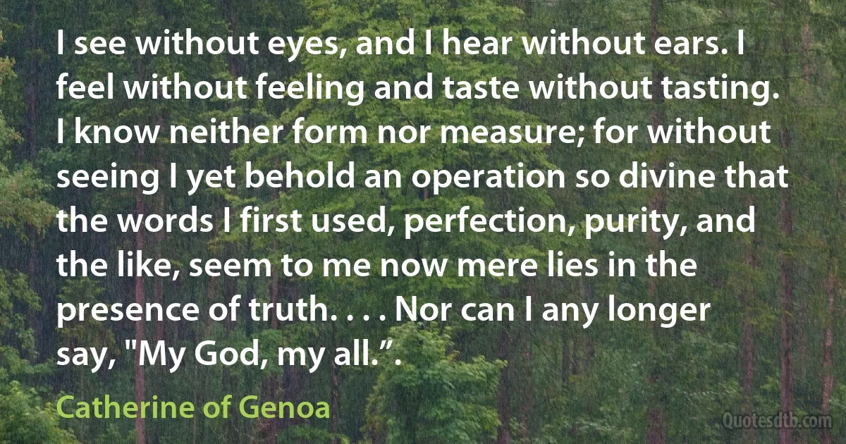 I see without eyes, and I hear without ears. I feel without feeling and taste without tasting. I know neither form nor measure; for without seeing I yet behold an operation so divine that the words I first used, perfection, purity, and the like, seem to me now mere lies in the presence of truth. . . . Nor can I any longer say, "My God, my all.”. (Catherine of Genoa)