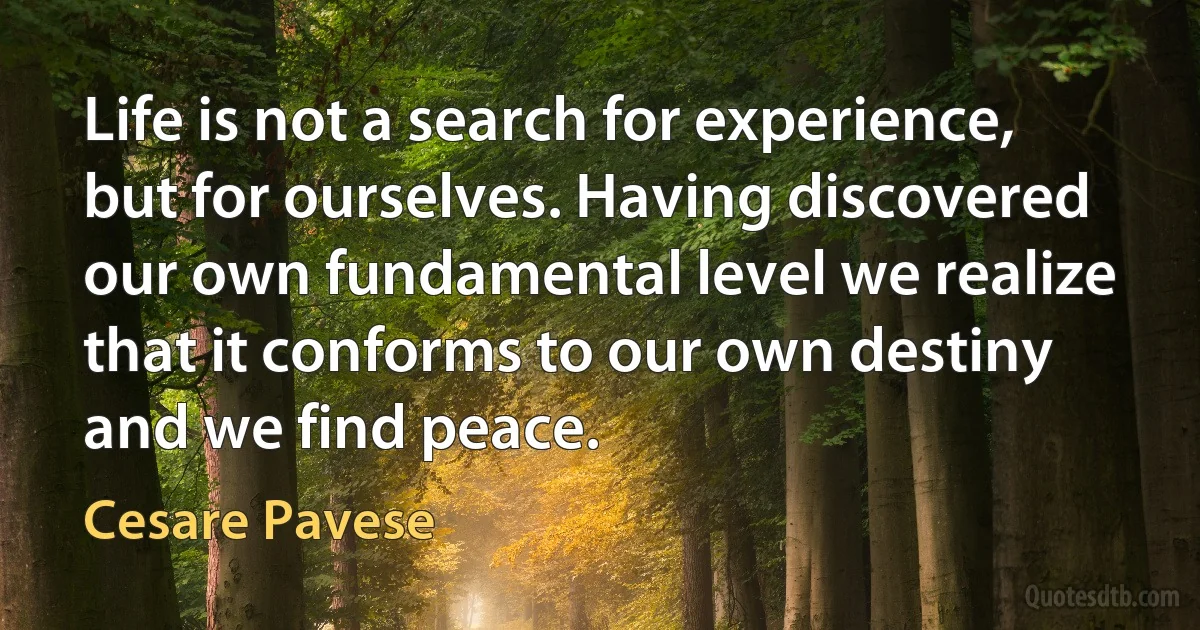 Life is not a search for experience, but for ourselves. Having discovered our own fundamental level we realize that it conforms to our own destiny and we find peace. (Cesare Pavese)