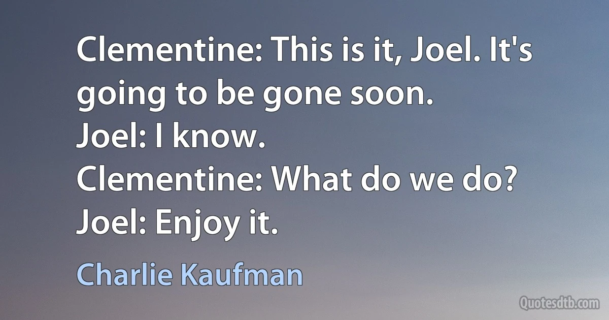 Clementine: This is it, Joel. It's going to be gone soon.
Joel: I know.
Clementine: What do we do?
Joel: Enjoy it. (Charlie Kaufman)