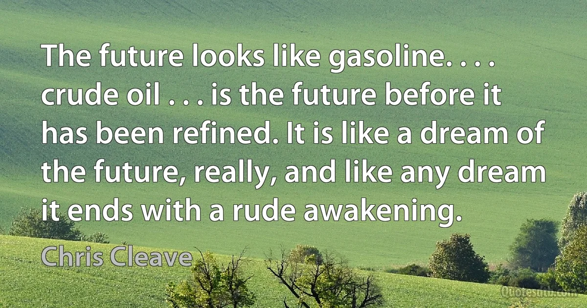 The future looks like gasoline. . . . crude oil . . . is the future before it has been refined. It is like a dream of the future, really, and like any dream it ends with a rude awakening. (Chris Cleave)