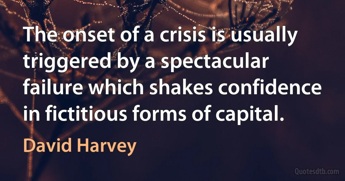 The onset of a crisis is usually triggered by a spectacular failure which shakes confidence in fictitious forms of capital. (David Harvey)