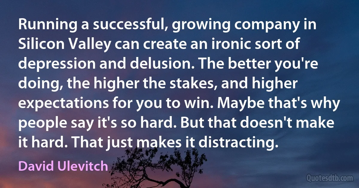 Running a successful, growing company in Silicon Valley can create an ironic sort of depression and delusion. The better you're doing, the higher the stakes, and higher expectations for you to win. Maybe that's why people say it's so hard. But that doesn't make it hard. That just makes it distracting. (David Ulevitch)