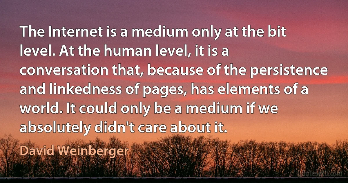 The Internet is a medium only at the bit level. At the human level, it is a conversation that, because of the persistence and linkedness of pages, has elements of a world. It could only be a medium if we absolutely didn't care about it. (David Weinberger)