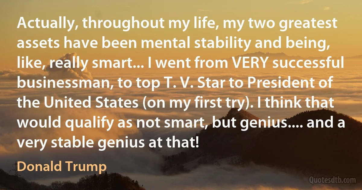 Actually, throughout my life, my two greatest assets have been mental stability and being, like, really smart... I went from VERY successful businessman, to top T. V. Star to President of the United States (on my first try). I think that would qualify as not smart, but genius.... and a very stable genius at that! (Donald Trump)