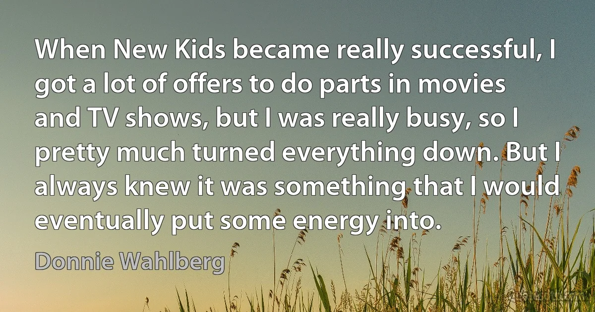 When New Kids became really successful, I got a lot of offers to do parts in movies and TV shows, but I was really busy, so I pretty much turned everything down. But I always knew it was something that I would eventually put some energy into. (Donnie Wahlberg)