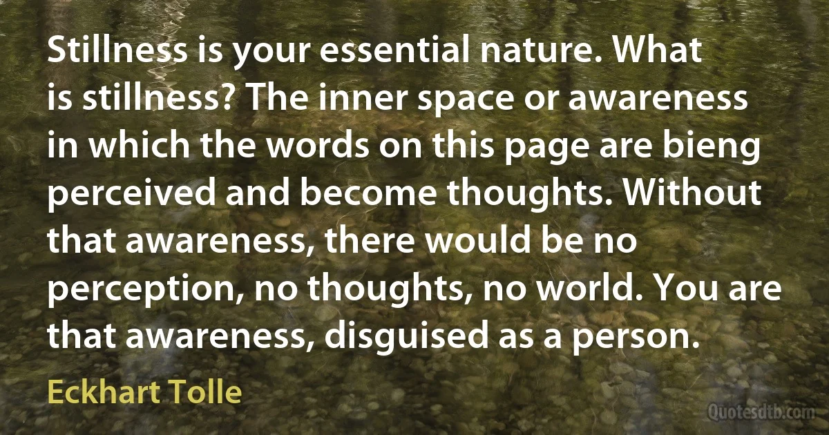 Stillness is your essential nature. What is stillness? The inner space or awareness in which the words on this page are bieng perceived and become thoughts. Without that awareness, there would be no perception, no thoughts, no world. You are that awareness, disguised as a person. (Eckhart Tolle)