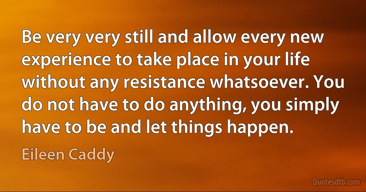 Be very very still and allow every new experience to take place in your life without any resistance whatsoever. You do not have to do anything, you simply have to be and let things happen. (Eileen Caddy)