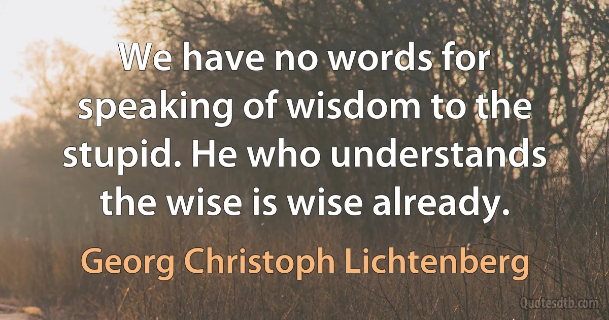 We have no words for speaking of wisdom to the stupid. He who understands the wise is wise already. (Georg Christoph Lichtenberg)