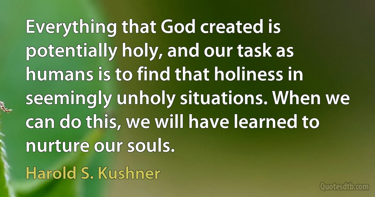 Everything that God created is potentially holy, and our task as humans is to find that holiness in seemingly unholy situations. When we can do this, we will have learned to nurture our souls. (Harold S. Kushner)