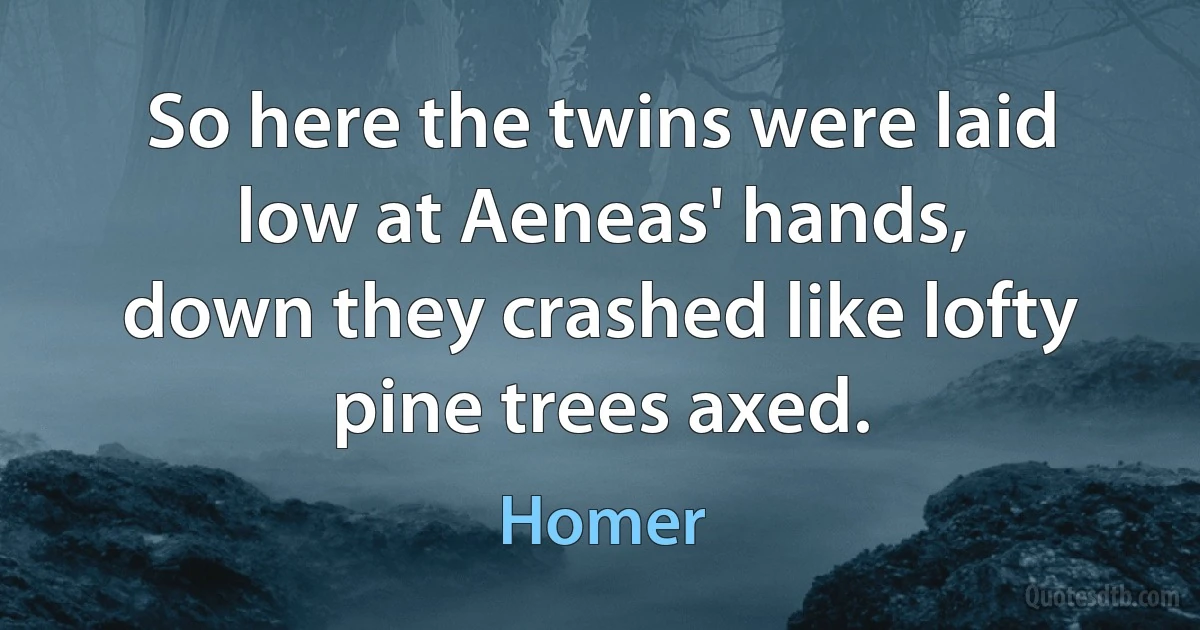 So here the twins were laid low at Aeneas' hands,
down they crashed like lofty pine trees axed. (Homer)