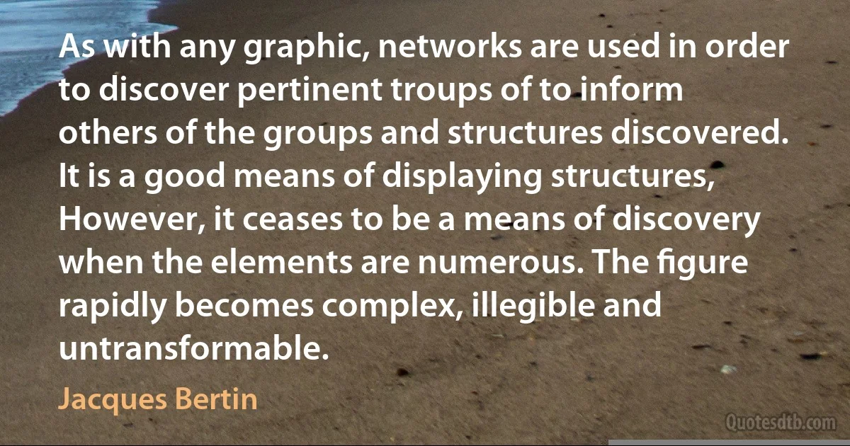 As with any graphic, networks are used in order to discover pertinent troups of to inform others of the groups and structures discovered. It is a good means of displaying structures, However, it ceases to be a means of discovery when the elements are numerous. The ﬁgure rapidly becomes complex, illegible and untransformable. (Jacques Bertin)