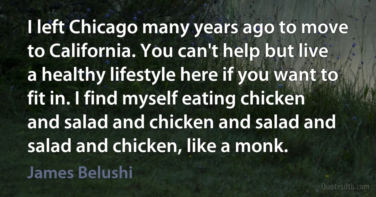 I left Chicago many years ago to move to California. You can't help but live a healthy lifestyle here if you want to fit in. I find myself eating chicken and salad and chicken and salad and salad and chicken, like a monk. (James Belushi)