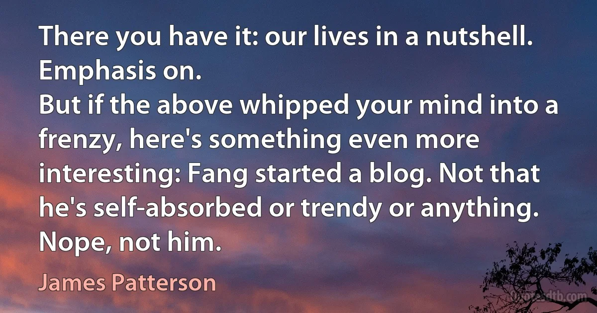 There you have it: our lives in a nutshell. Emphasis on.
But if the above whipped your mind into a frenzy, here's something even more interesting: Fang started a blog. Not that he's self-absorbed or trendy or anything. Nope, not him. (James Patterson)