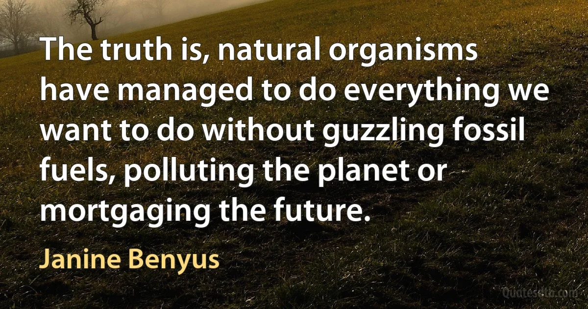 The truth is, natural organisms have managed to do everything we want to do without guzzling fossil fuels, polluting the planet or mortgaging the future. (Janine Benyus)