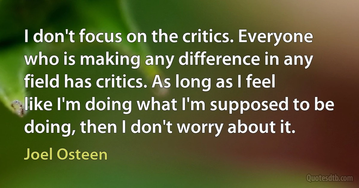 I don't focus on the critics. Everyone who is making any difference in any field has critics. As long as I feel like I'm doing what I'm supposed to be doing, then I don't worry about it. (Joel Osteen)