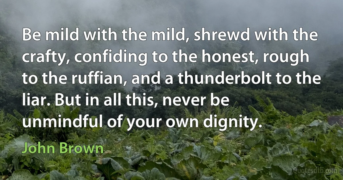 Be mild with the mild, shrewd with the crafty, confiding to the honest, rough to the ruffian, and a thunderbolt to the liar. But in all this, never be unmindful of your own dignity. (John Brown)