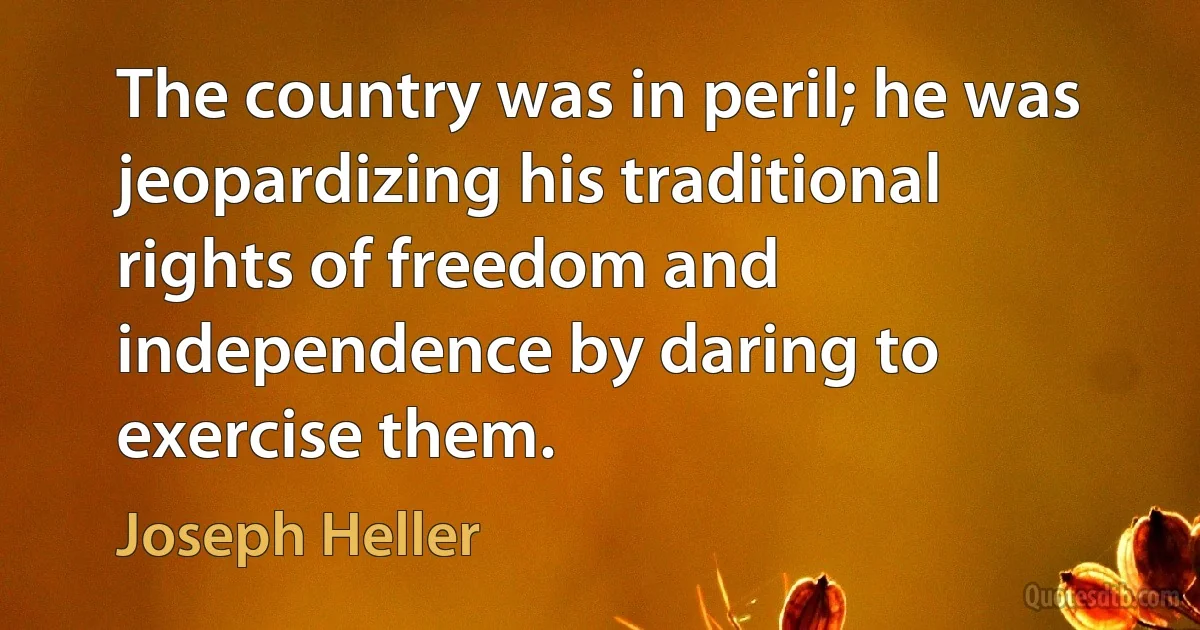 The country was in peril; he was jeopardizing his traditional rights of freedom and independence by daring to exercise them. (Joseph Heller)