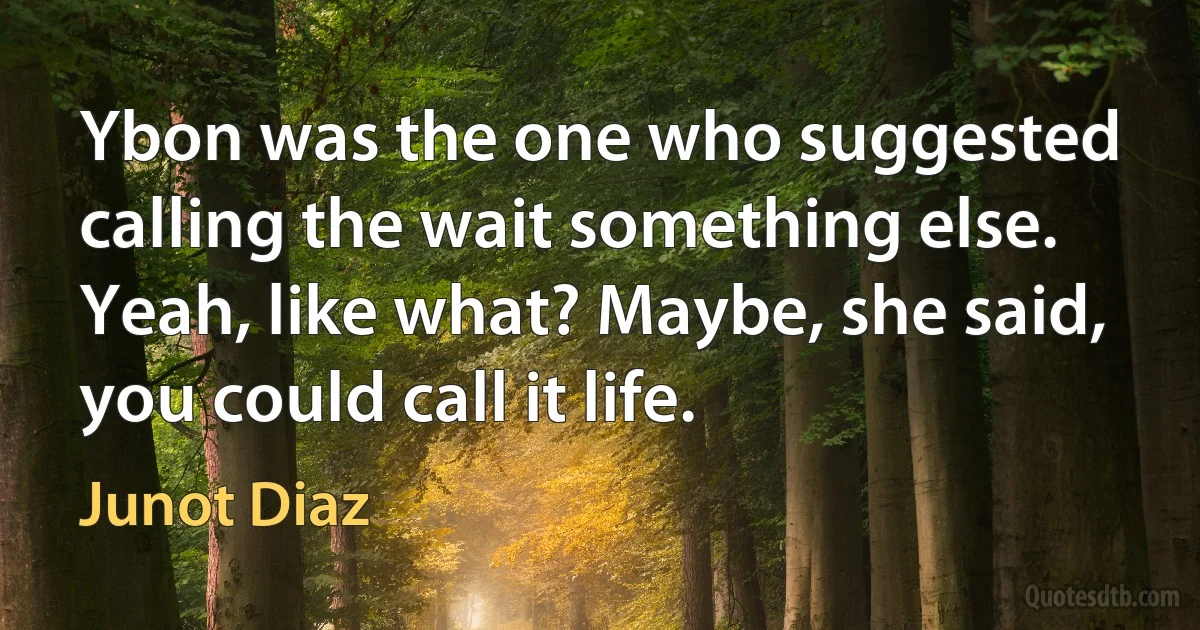 Ybon was the one who suggested calling the wait something else. Yeah, like what? Maybe, she said, you could call it life. (Junot Diaz)