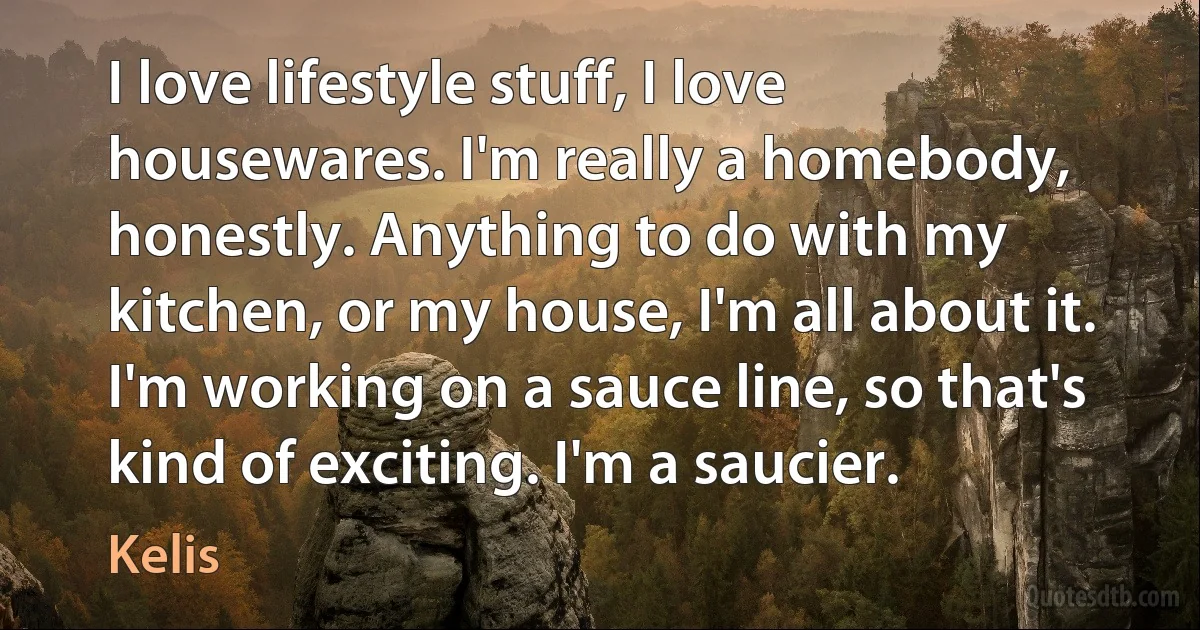 I love lifestyle stuff, I love housewares. I'm really a homebody, honestly. Anything to do with my kitchen, or my house, I'm all about it. I'm working on a sauce line, so that's kind of exciting. I'm a saucier. (Kelis)