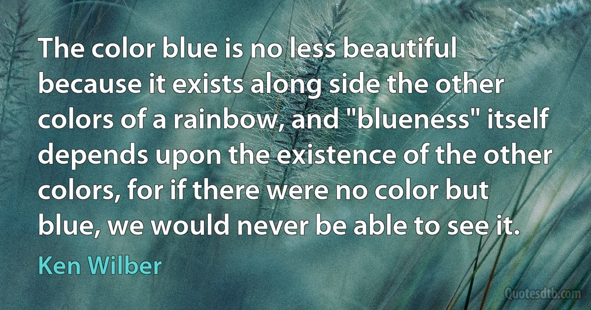 The color blue is no less beautiful because it exists along side the other colors of a rainbow, and "blueness" itself depends upon the existence of the other colors, for if there were no color but blue, we would never be able to see it. (Ken Wilber)