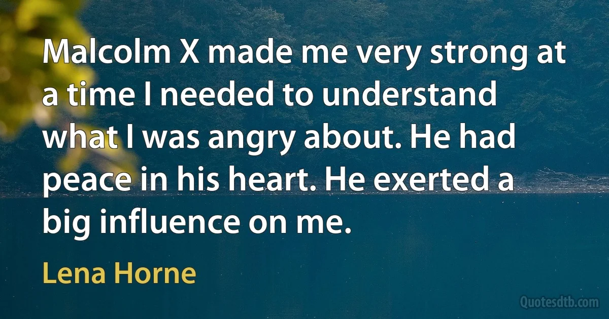 Malcolm X made me very strong at a time I needed to understand what I was angry about. He had peace in his heart. He exerted a big influence on me. (Lena Horne)