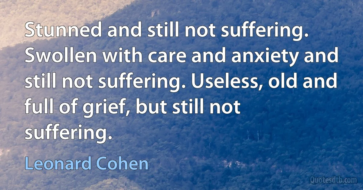 Stunned and still not suffering. Swollen with care and anxiety and still not suffering. Useless, old and full of grief, but still not suffering. (Leonard Cohen)