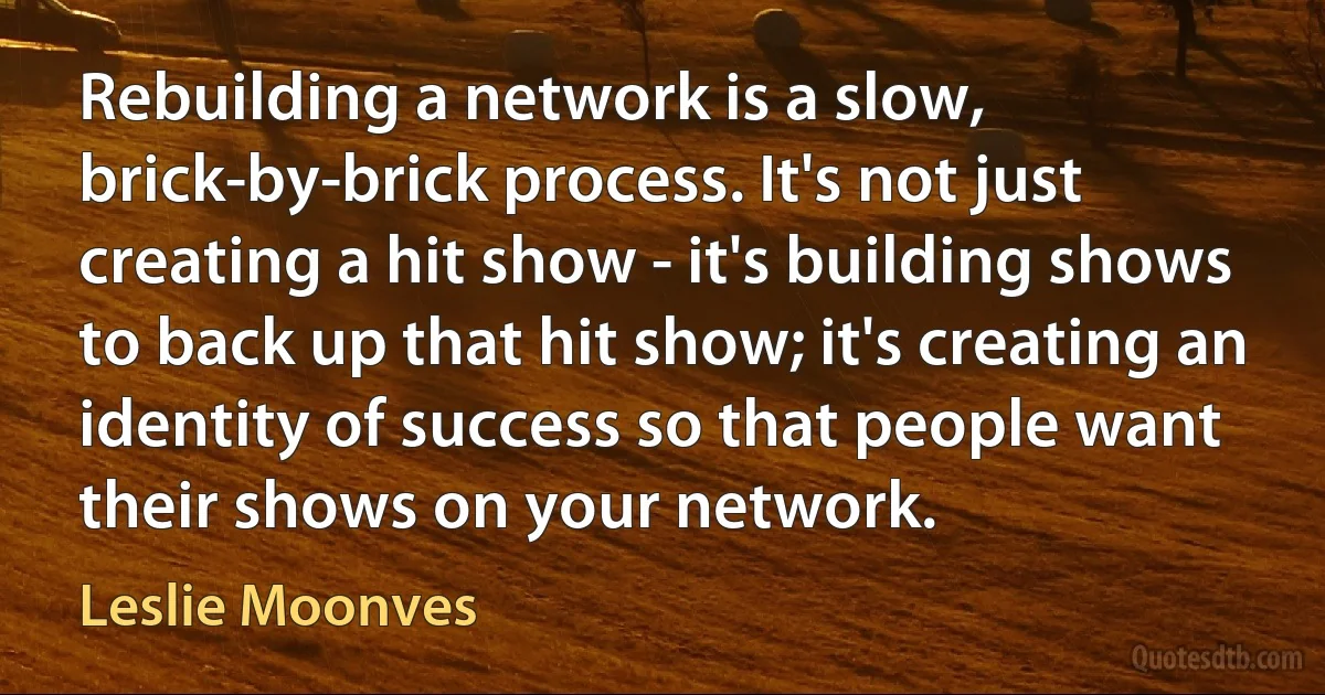 Rebuilding a network is a slow, brick-by-brick process. It's not just creating a hit show - it's building shows to back up that hit show; it's creating an identity of success so that people want their shows on your network. (Leslie Moonves)