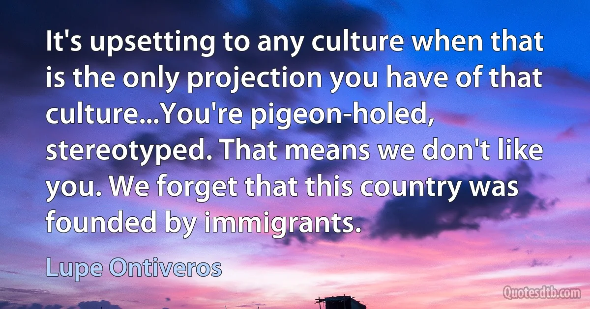 It's upsetting to any culture when that is the only projection you have of that culture...You're pigeon-holed, stereotyped. That means we don't like you. We forget that this country was founded by immigrants. (Lupe Ontiveros)